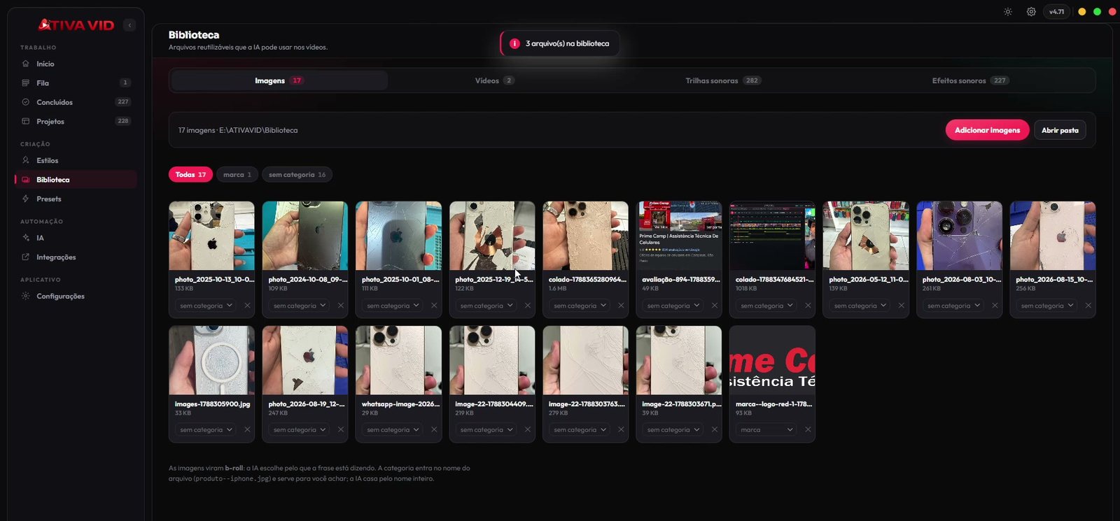 Biblioteca de imagens, vídeos, trilhas e efeitos