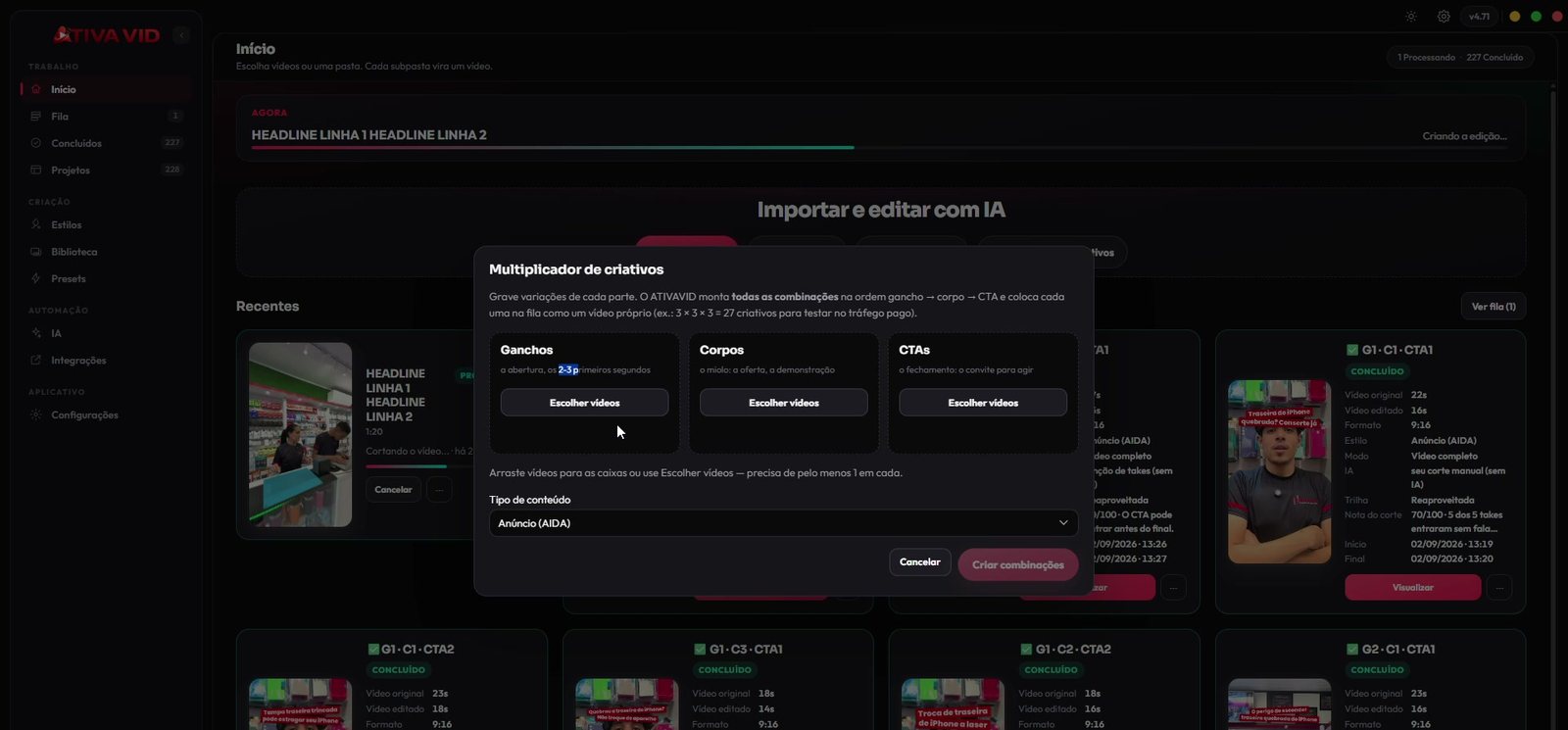 Multiplicador de criativos: ganchos, corpos e CTAs